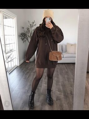 Source Unknown Brown Mini Hoodie Dress with Tan Crossbody